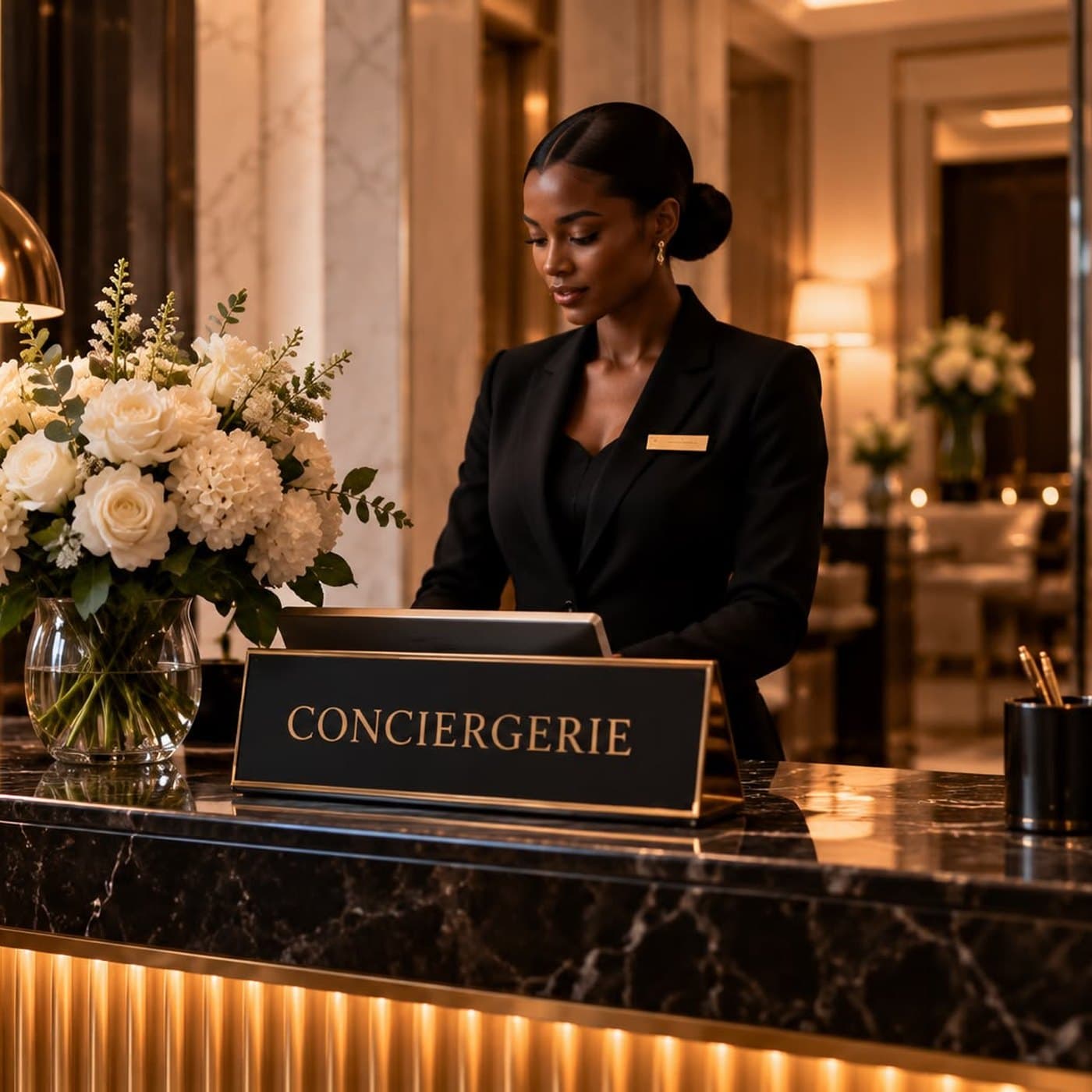 Conciergère à son comptoir dans le hall d'un hôtel de luxe