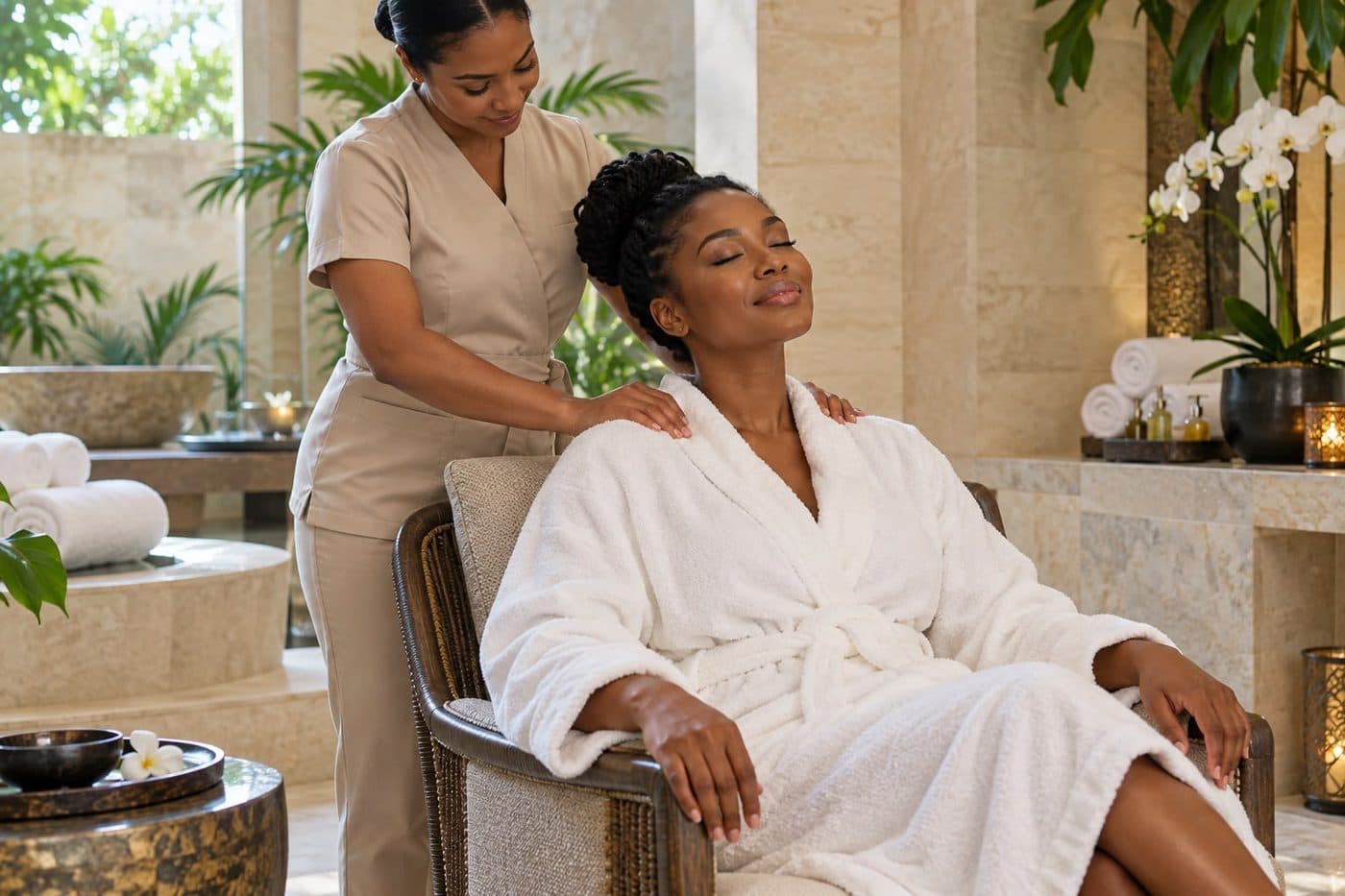 Femme en peignoir profitant d'un massage dans un spa