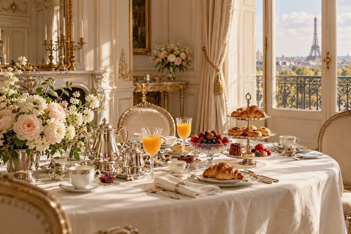 Table de brunch dressée dans un salon parisien, vue sur la tour Eiffel