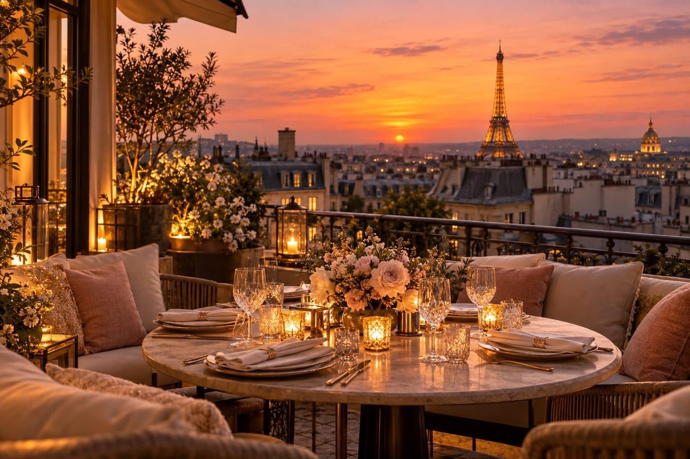 Table de dîner aux bougies sur une terrasse parisienne au coucher du soleil