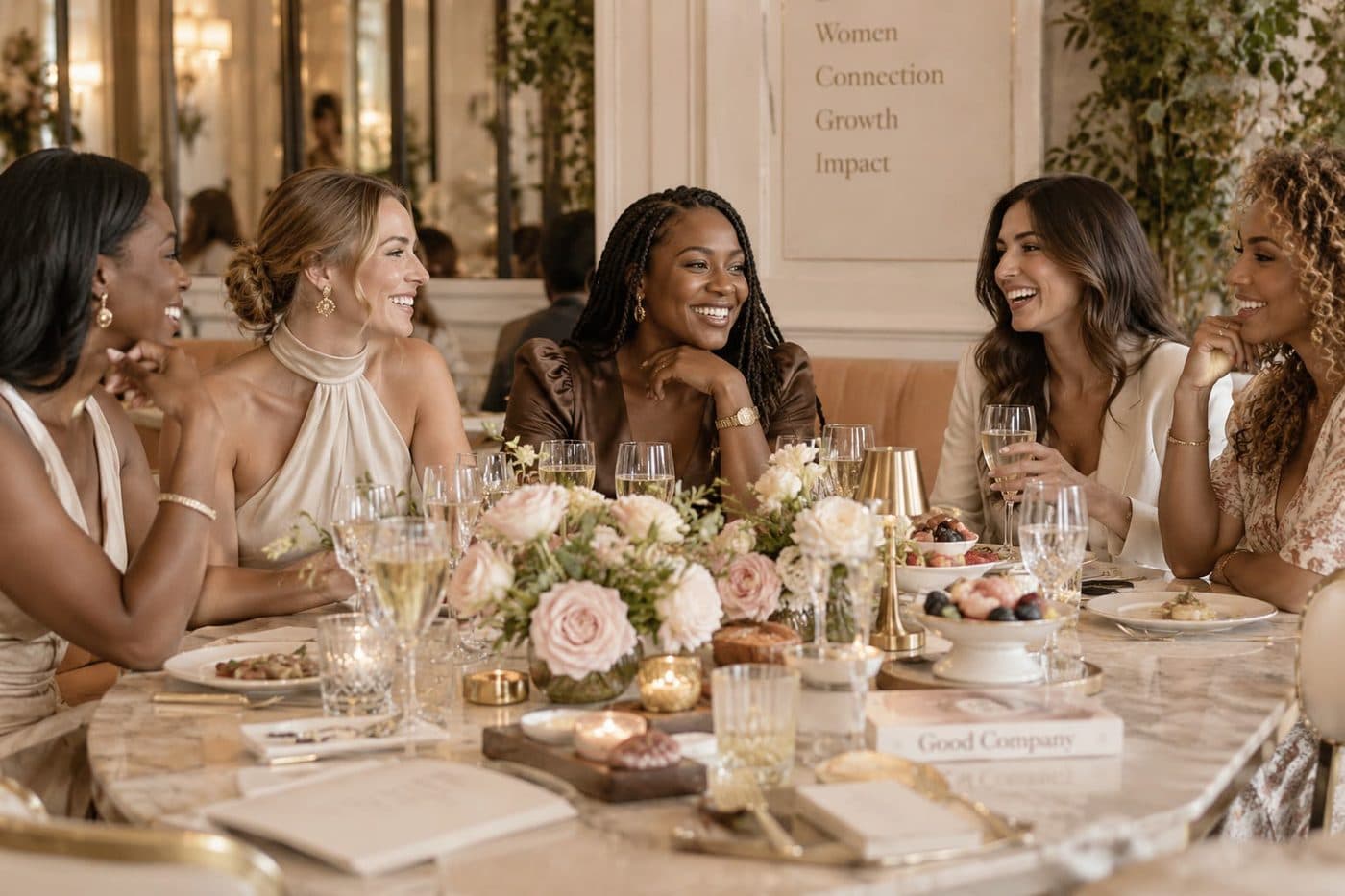 Femmes réunies autour d'une table fleurie, en pleine conversation