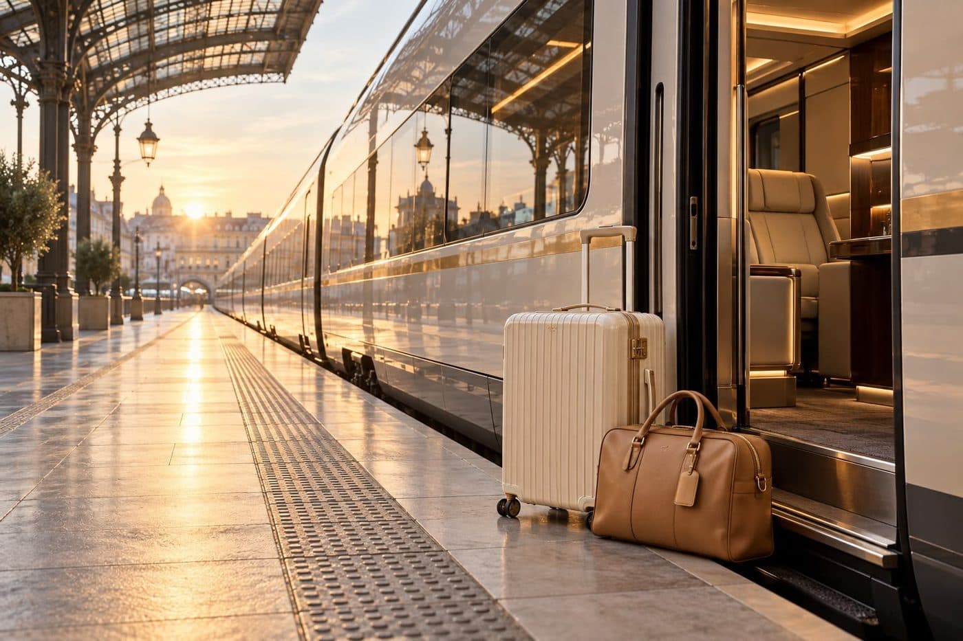 Valise et sac de voyage sur le quai d'une gare, devant un train