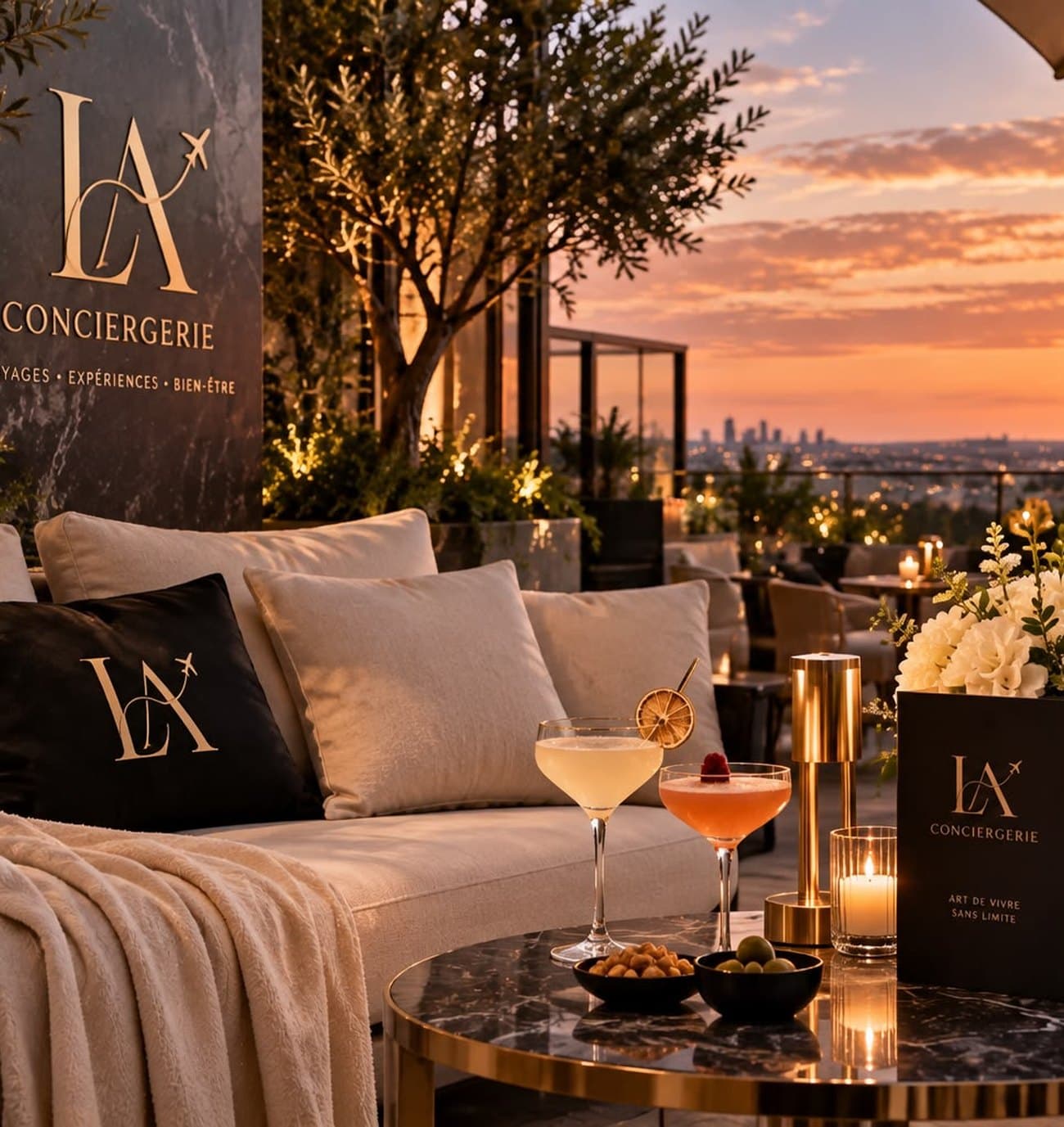 Terrasse d'un rooftop parisien au couchant, enseigne Ladies on Air Conciergerie