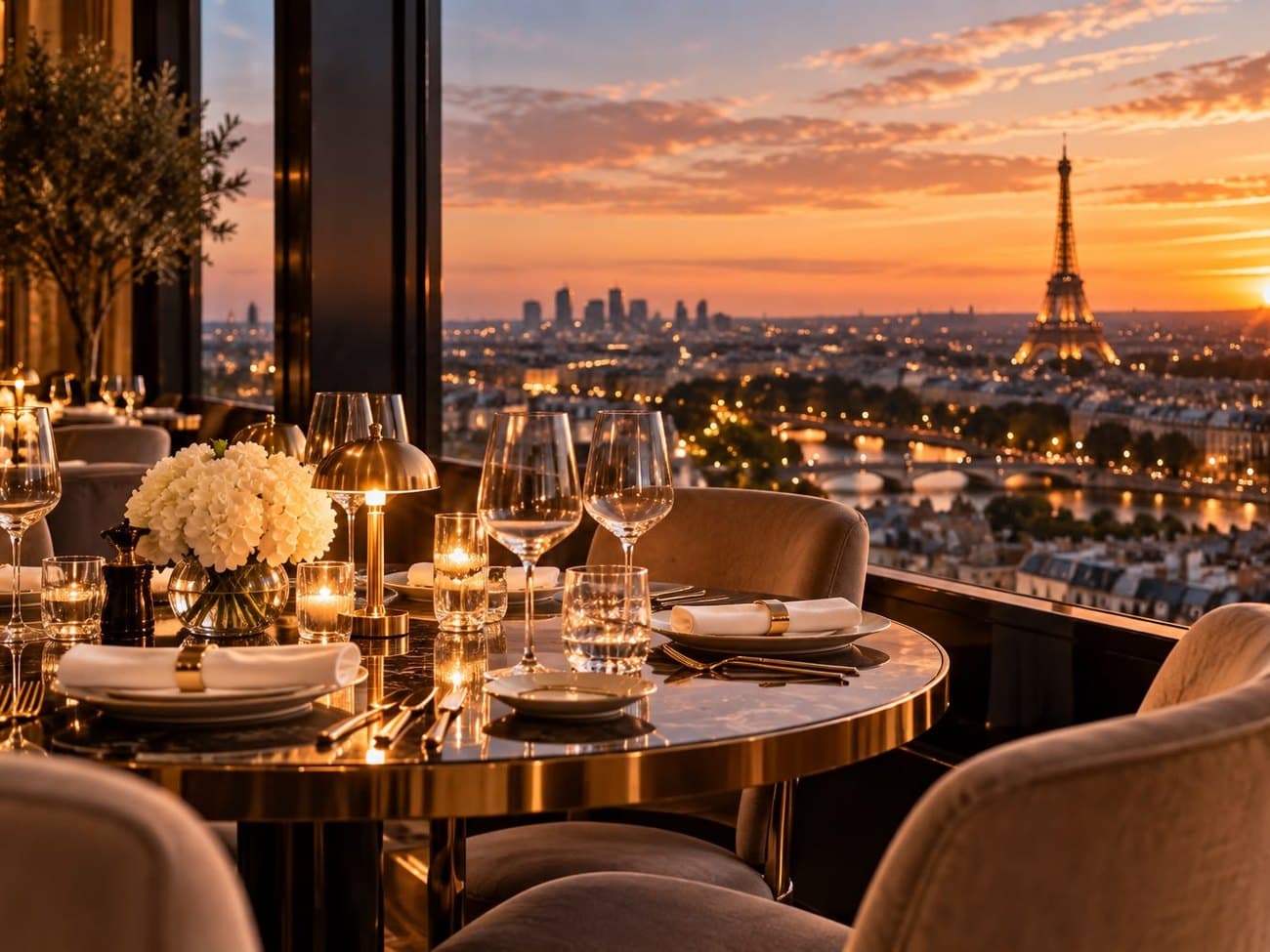 Table dressée dans un restaurant, vue sur Paris et la tour Eiffel au couchant