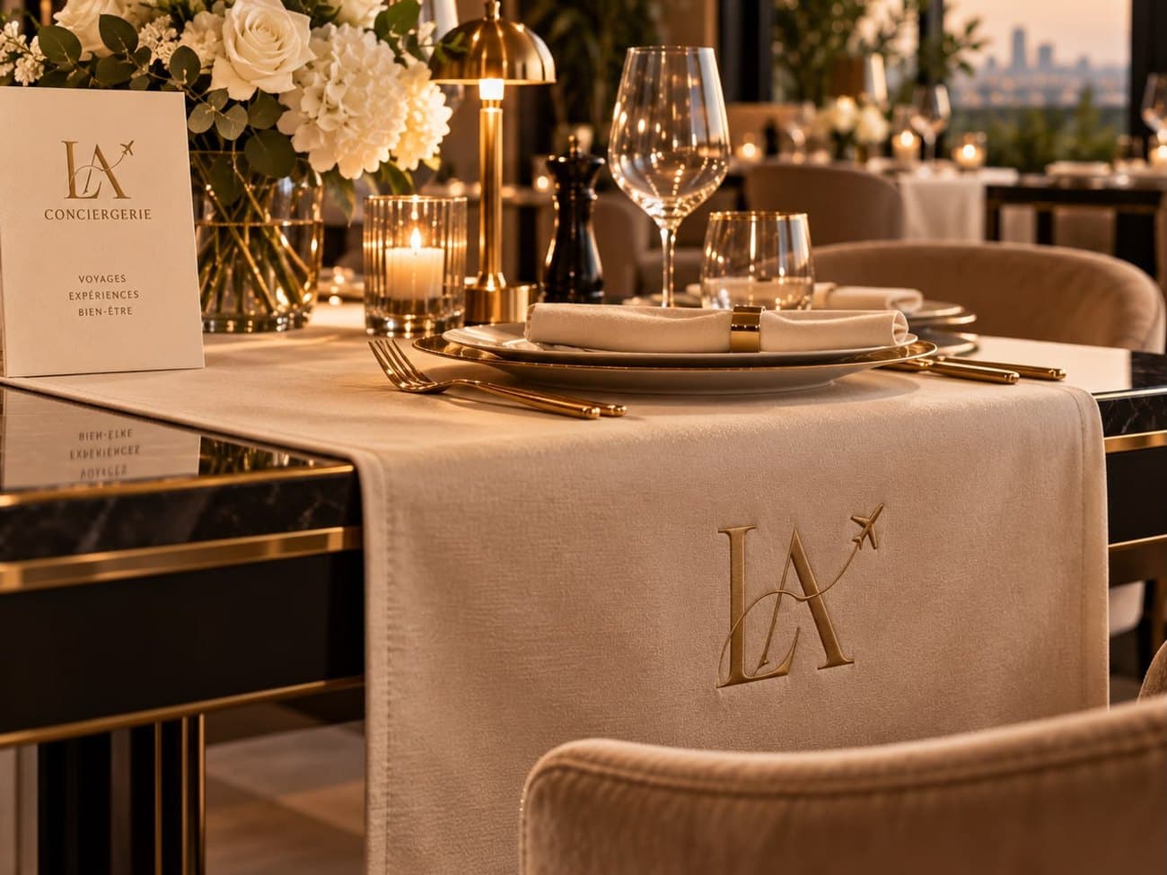 Table dressée au monogramme Ladies on Air, carton de bienvenue posé